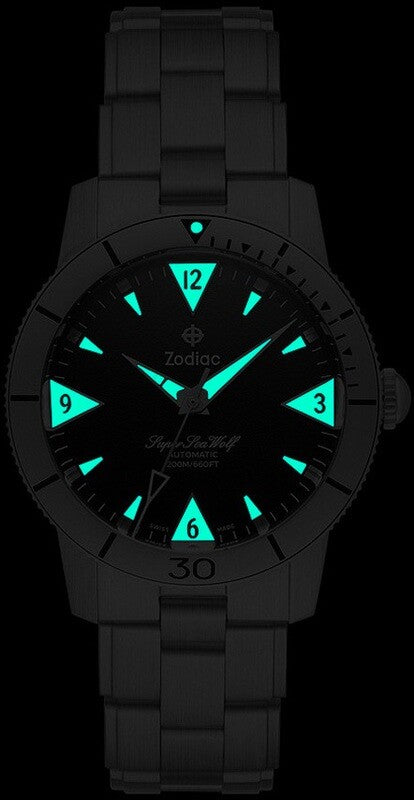 Zodiac Super Sea Wolf Skin Diver ZO9215 Men's Automatic Watch - Black Textured Dial, Stainless Steel Bracelet