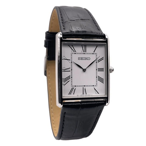 SEIKOSeiko SWR049P1 Men's Quartz Watch – Silver Rectangular Case, Black Leather StrapWATCHESEcecile