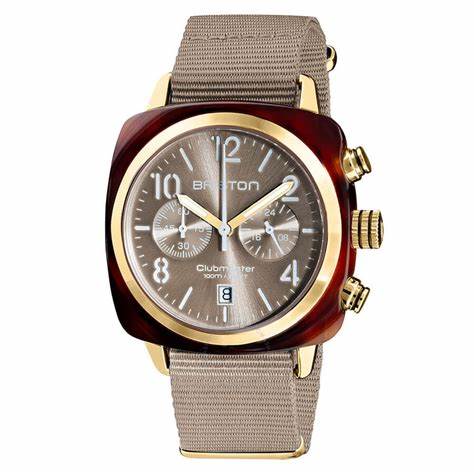 Briston Clubmaster Classic Chronograph 40mm Gold Acetate Grey Dial Grey NATO Strap 19140.PYA.T.30.NT