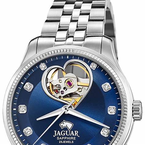 Jaguar Classic Open Heart Automatic J994/2 Damenuhr - Edelstahlgehäuse, blaues Zifferblatt, Lederarmband