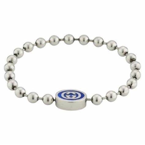 Gucci Interlocking G Boule Chain Sterling Silver Blue Enamel Bracelet - Size 18cm