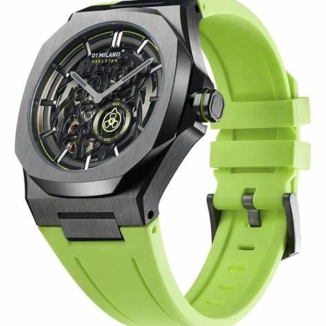 D1 Milano Skeleton Rubber Slice Lime D1-SKRJ15 Orologio da uomo - Acciaio inossidabile color canna di fucile, cinturino in gomma color lime, 41,5mm