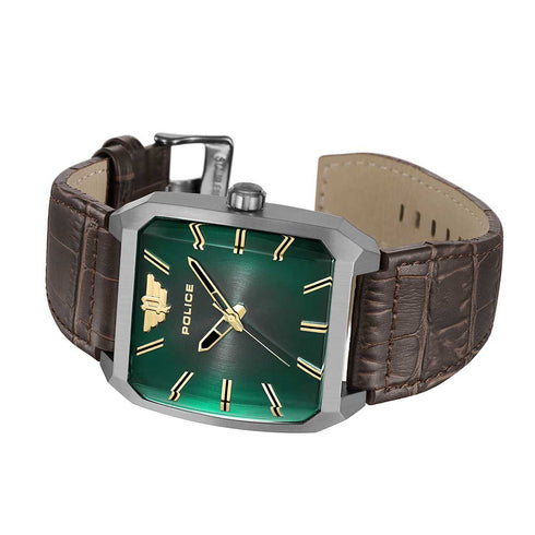 Police Omiao PEWJA0006003 Men’s Square Watch – Green Dial, Brown Leather, 39 mm