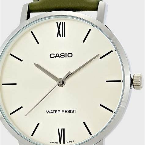 Casio MTP-VT01L-3BUDF Herren Analog Uhr – Grünes Zifferblatt mit braunem Lederarmband