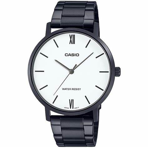 Casio MTP-VT01B-7BUDF Herren Schwarz Edelstahl Uhr – Weißes Zifferblatt