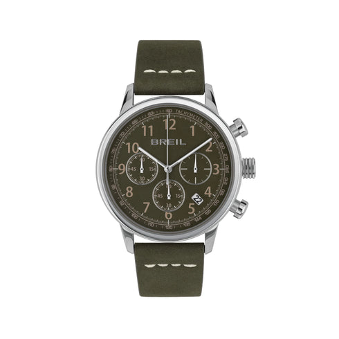 Breil Outrider TW2059 Men's Chronograph Watch - 41mm Stainless Steel Case, Khaki Green Dial, Leather Strap