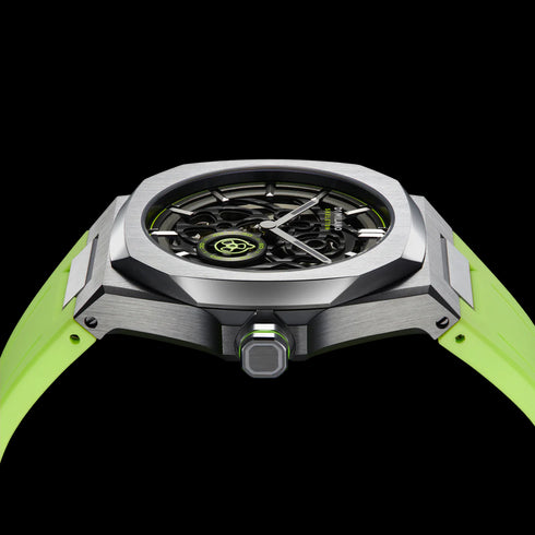 D1 Milano Skeleton Rubber Slice Lime D1-SKRJ15 Orologio da uomo - Acciaio inossidabile color canna di fucile, cinturino in gomma color lime, 41,5mm