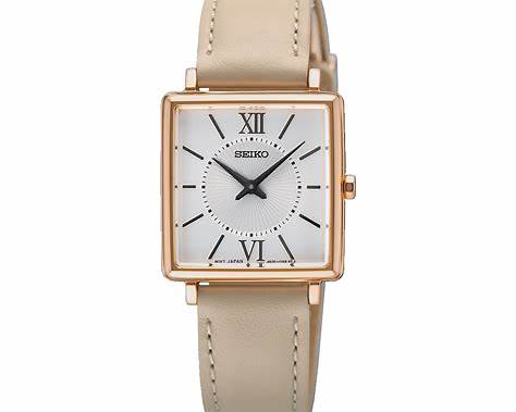 Reloj cuadrado de cuarzo Seiko SWR114P1 para mujer: caja de oro rosa y correa beige.