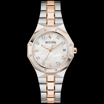 Bulova 98P235 Women's Watch – Two-Tone Steel, MOP Dial, Diamond Markers, 100m WR