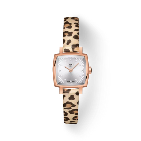 Reloj Tissot Lovely Square T0581093703600 para mujer: caja de oro rosa y correa con estampado de leopardo.
