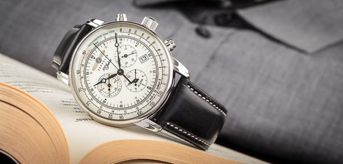 Zeppelin 100 Jahre 8680-3 Men's Alarm Chronograph – Ivory Dial, Black Leather Strap