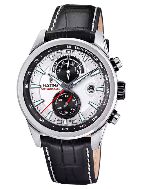 FESTINAFestina F20695/1 Timeless Chronograph Men's Watch - Silver Dial, Black Leather StrapWATCHESEcecile