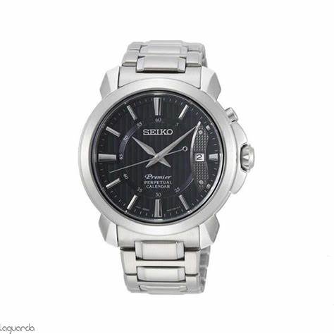 Seiko Premier SNQ159P1 Men's Quartz Perpetual Calendar Watch - Black Dial, Sapphire Crystal, Stainless Steel