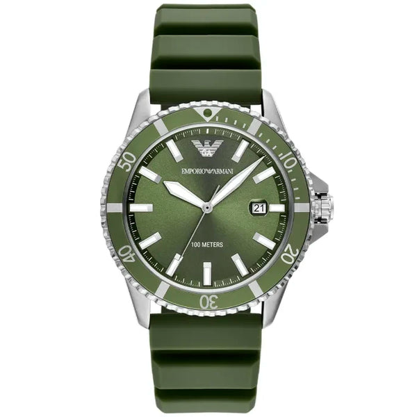 Emporio Armani AR11638 World Explorer Watch - Green Dial, 42mm, Silicone Strap
