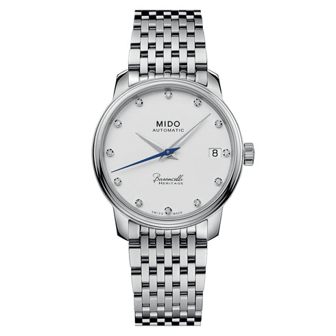 Mido Baroncelli Heritage Lady M027.207.11.016.00 Orologio automatico da donna - Quadrante bianco, indici con diamanti, bracciale in acciaio inox