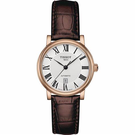 Tissot Carson Premium Automatic Lady Women's Watch - Silver Dial, Rose Gold PVD Case, Brown Leather Strap