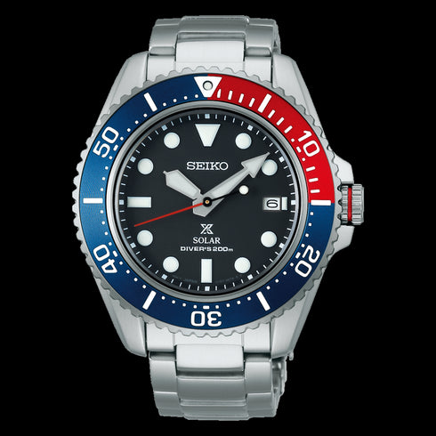 Seiko Prospex SNE591P1 "Pepsi" Solar Diver's Watch - 42.8mm Stainless Steel, Black Dial