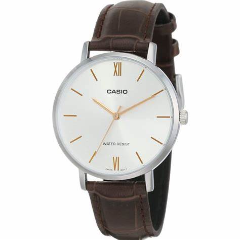 Casio LTP-VT01L-7B2UDF Damen Analog Uhr – Silbernes Zifferblatt mit braunem Lederarmband