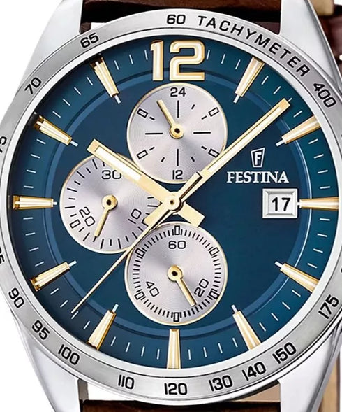 Festina Timeless Chronograph F16760/7 Men's Watch - Blue Dial, Brown Leather Strap