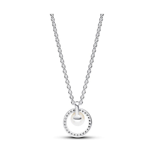 Pandora Treated Freshwater Cultured Pearl & Pavé Collier Necklace 393165C01-45 - Sterling Silver, Cubic Zirconia, 45cm