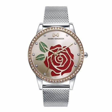 Mark Maddox MM0130-27 Women's Analog Quartz Watch - Gold-Tone Stainless Steel Case with Red Glitter Flower Dial and Mesh Bracelet