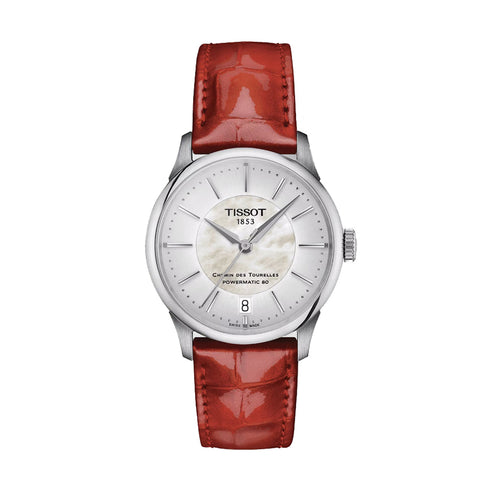 Tissot Chemin des Tourelles Powermatic 80 Women's Watch T1392071611100 - 34mm, Mother-of-Pearl Dial, Red Leather Strap