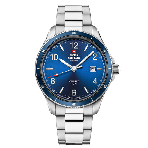 Swiss Military SM34096.03 Men's Quartz Watch - Stainless Steel with Blue Dial, 50M Water Resistance