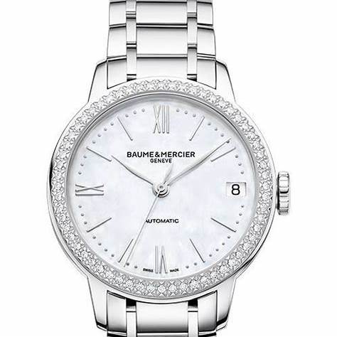 Orologio automatico da donna Baume & Mercier Classima MOA10479 - Quadrante in madreperla, lunetta con diamanti incastonati, bracciale in acciaio inossidabile