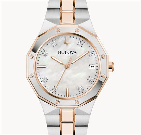 Bulova 98P235 Women's Watch – Two-Tone Steel, MOP Dial, Diamond Markers, 100m WR