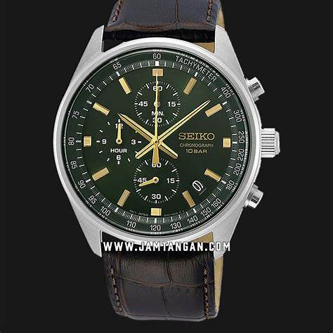 Seiko SSB385P1 Men's Quartz Chronograph Watch - Green Dial, Brown Leather Strap