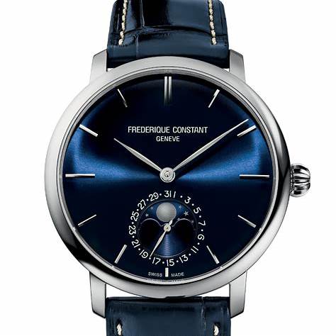 Frederique Constant Slimline Moonphase Manufacture FC-705N4S6 - Cadran bleu, boîte en acier, bracelet en cuir