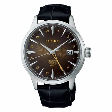 Seiko Presage SSK039J1 'Rusty Nail' Cocktail Time GMT Herrenuhr - Braunes Verlaufzifferblatt, Schwarzes Lederarmband