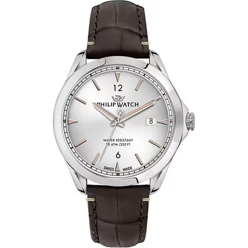 Philip Watch R8251165007 Orologio da uomo Blaze - 41 mm, quadrante argento, cinturino in pelle marrone