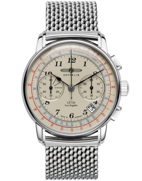 Zeppelin LZ126 Los Angeles Cronografo 7614M-5 Orologio da uomo - Quadrante beige, bracciale a maglie in acciaio inossidabile