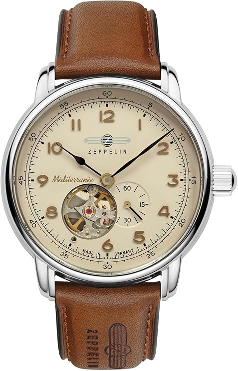 Zeppelin Méditerranée 9666-5 Orologio automatico da uomo - Quadrante beige, design a cuore aperto, cinturino in pelle marrone