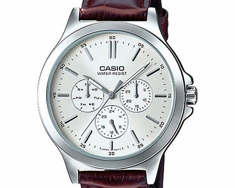 Reloj analógico clásico Casio MTP-V300L-7AUDF para hombre: esfera gris y piel marrón.