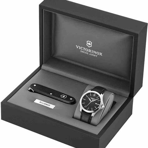 Victorinox Alliance Men's Watch V241904-1 – Black Dial, Black Leather Strap, Swiss Army Knife Set