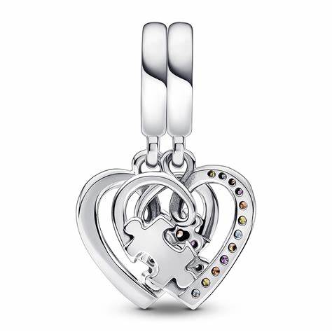 Pandora 792239C01 Puzzle Piece Hearts Splittable Friendship Dangle Charm - Argento 925 con pietre multicolori