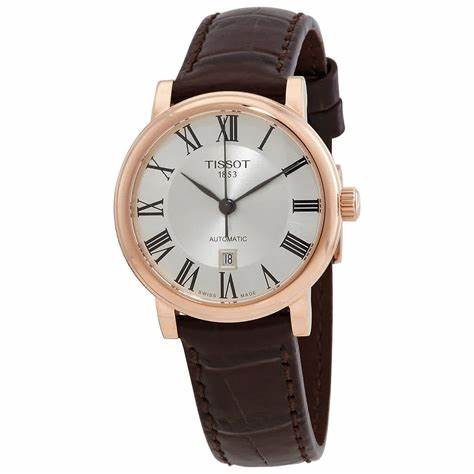 Tissot Carson Premium Automatic Lady Women's Watch - Silver Dial, Rose Gold PVD Case, Brown Leather Strap