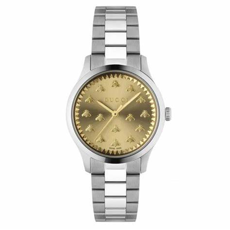 Gucci G-Timeless YA1265035 Women's Watch – Yellow Gold Sunbrushed Dial with Bee Motif, Stainless Steel Bracelet