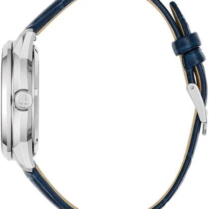 Bulova 96A330 Sutton Skeleton Automatic – Silver Dial, Blue Leather Strap