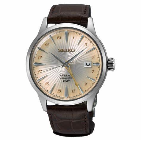 Seiko Presage SSK041J1 'Acacia' Cocktail Time GMT Herrenuhr - Champagner Zifferblatt, Braunes Lederarmband