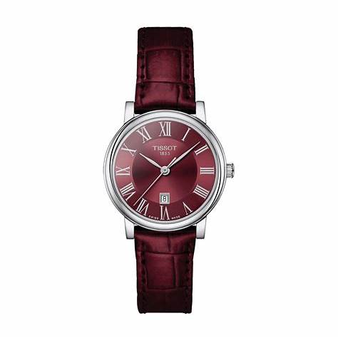 Tissot Carson Premium Lady Women's Quartz Watch - Red Dial, Burgundy Leather Strap