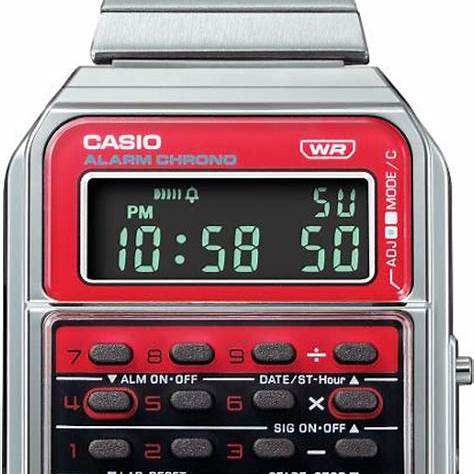 Casio Vintage CA-500WE-4BEF Unisex Watch - Calculator, Red Dial, Stainless Steel Bracelet