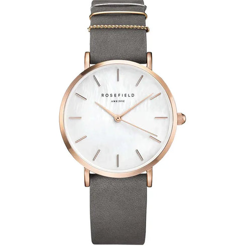 Rosefield WEGR-W75 West Village Women's Watch – 33mm Rose Gold Case, Grey Nubuck Strap, Mother-of-Pearl Dial