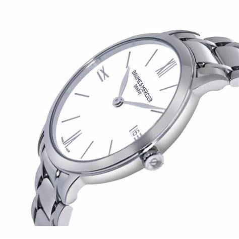 Baume & Mercier Classima MOA10356 Orologio al quarzo da donna - Cassa in acciaio inossidabile da 36,5 mm, quadrante bianco, numeri romani, datario, bracciale in acciaio inossidabile