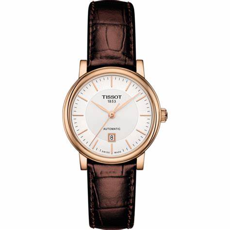 Tissot Carson Premium Automatic Lady Women's Watch - Silver Dial, Rose Gold PVD Case, Brown Leather Strap