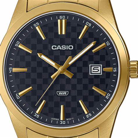 Casio MTP-VD03G-1AUDF Herren Analog Uhr – Schwarzes Zifferblatt mit goldfarbenem Edelstahlarmband