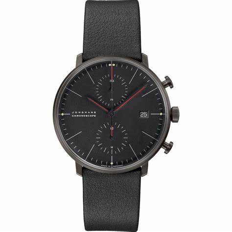 Junghans Max Bill Chronoscope Bauhaus Orologio da uomo 027/4409.02 - Cassa in acciaio inossidabile rivestita in PVD nero 40 mm, quadrante nero, cinturino in pelle nera