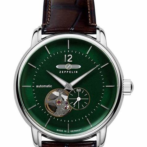 Zeppelin 8166-4 LZ120 Bodensee Orologio automatico da uomo - Quadrante verde, design a cuore aperto, cinturino in pelle marrone